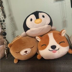 4 Adorable Plush Animal Keychains - Brown, Black, White